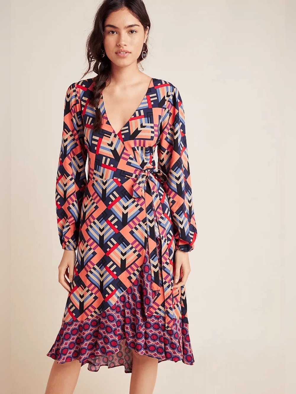 Porridge Amity Wrap Dress W/Hi-Low Ruffled Hem V-Neck Size Medium